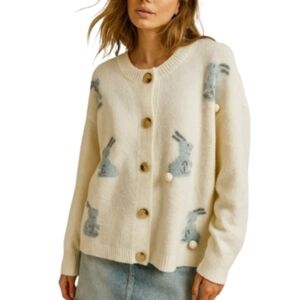 Threaded Leaf Blue Pom Pom Tail Bunny Cream Knit Bunny Cardigan Medium Nwt